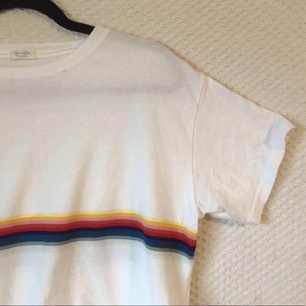 White Graphic Tee with a Rainbow Stripe